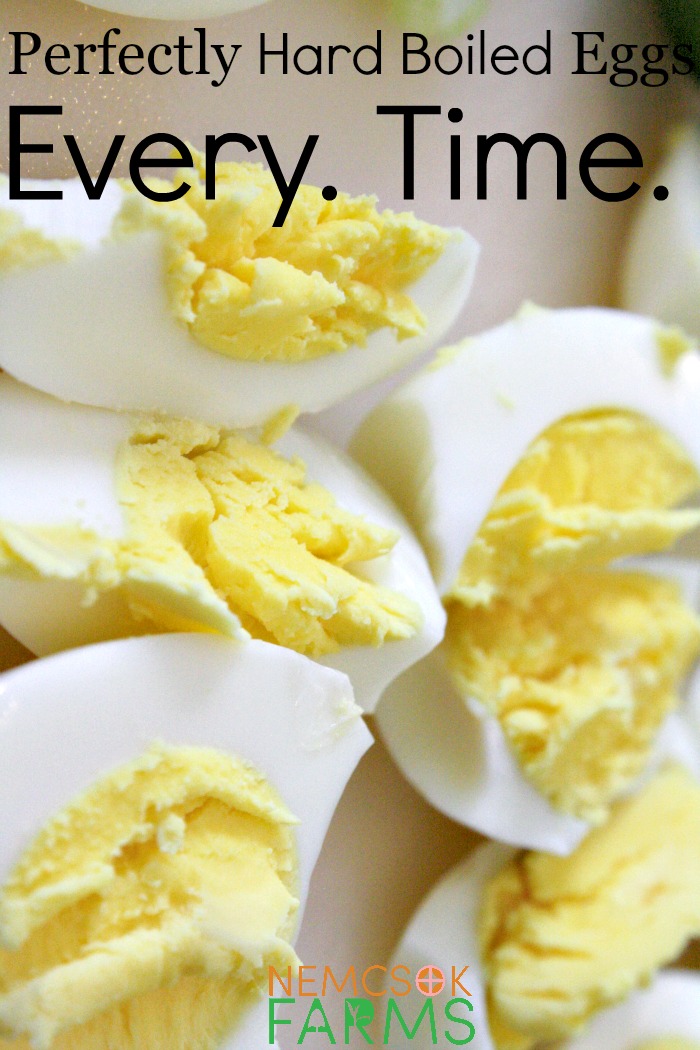 Perfectly hard boiled eggs don't smell! Here are step by step instructions on how to make perfectly hard boiled eggs every time on Nemcsok Farms. No gray green tint to over boiled eggs and gorgeour deviled eggs every time.