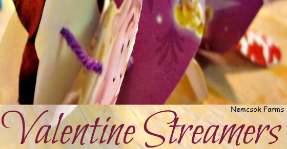 Valentine Streamers made from recycled gift wrap paper.