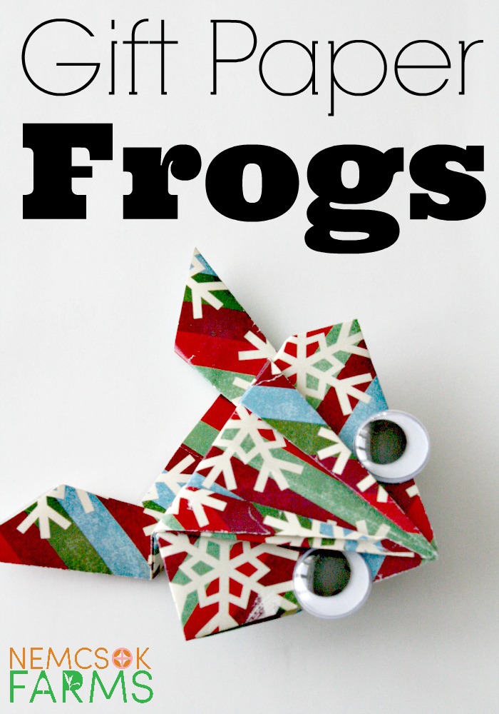 Recycle Gift Paper into these adorable origami frogs with googly eyes