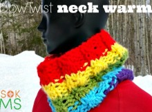 Free Knitting Pattern for a Hand Knit Neck Warmer or Cowl in a rainbow pattern, with a faux or mock cable. A super quick knit, good for spring fall and winter