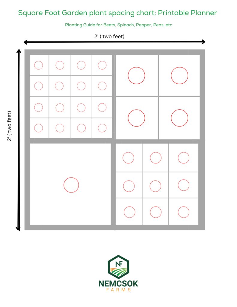 A photo of the square food garden plant spacing chart template printable planner for what you might use for a 2 by 2 foot garden.