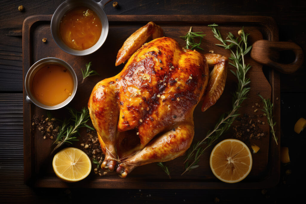 Whole chicken dinner with fresh herbs and sauces and lemon slices for garnish. Free range whole chicken is available at Nemcsok Farms, your only your only local licensed Artisanal Chicken Farm, Birch Syrup Producer and Coffee Roaster in the Timiskaming District