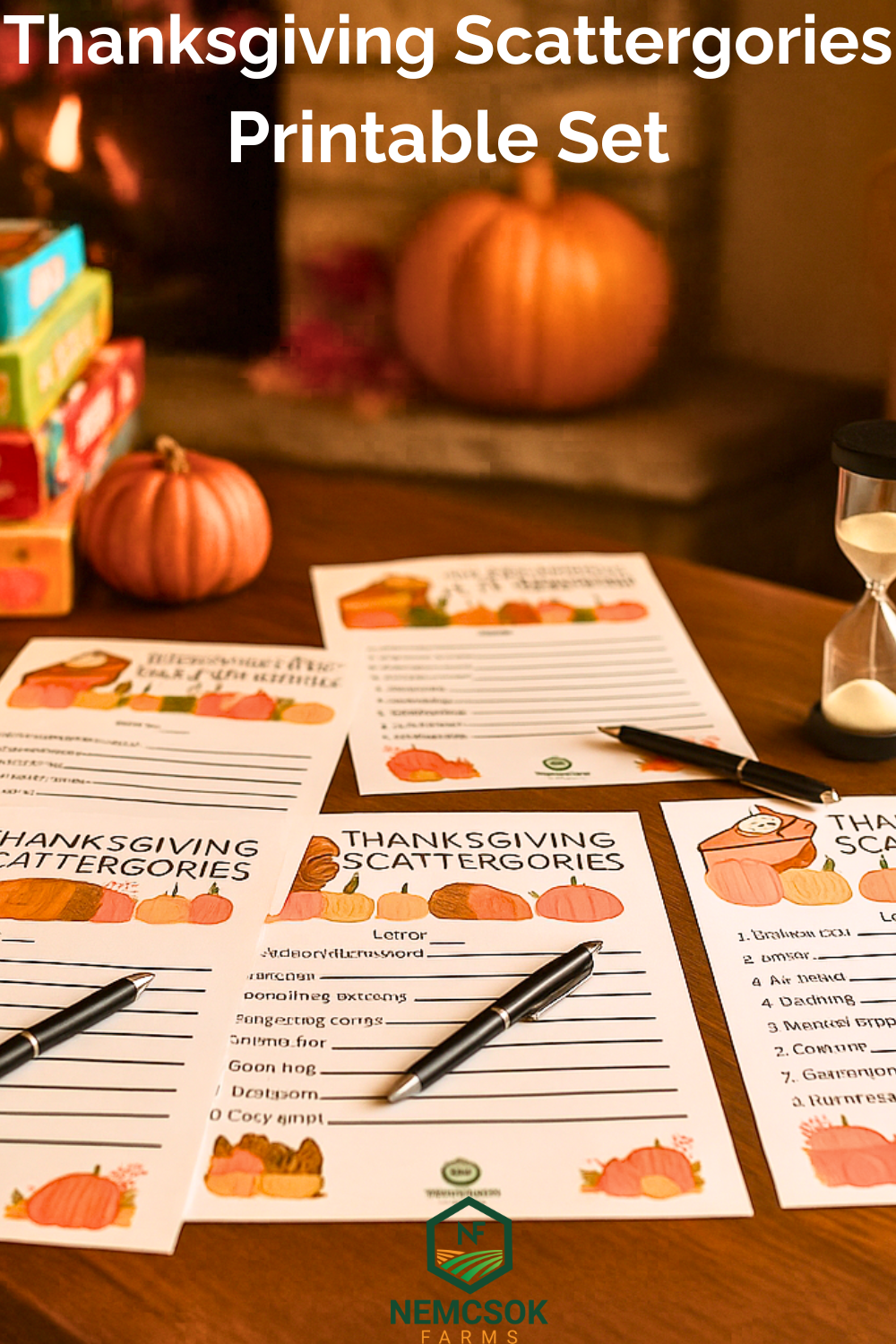 Thanksgiving Scattergories printable set with fall themed graphics and four game cards for holiday family fun.
