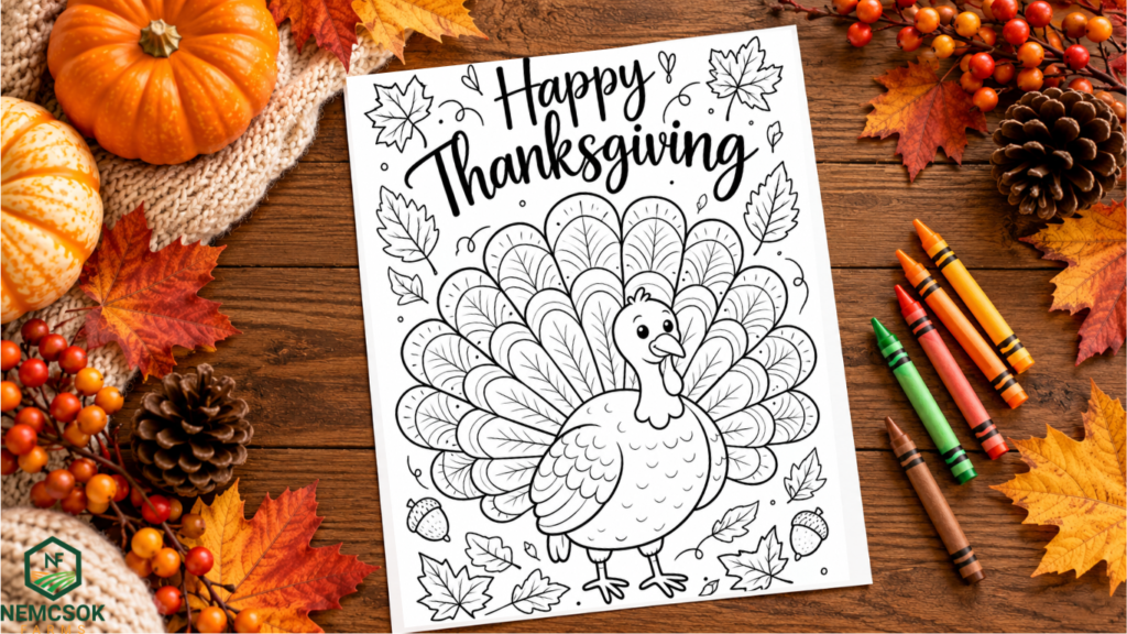 Happy Thanksgiving Colouring Page Flat Lay Mockup